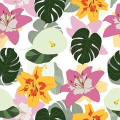 Fototapeta premium Lilies, tropical leaves floral seamless pattern vector design