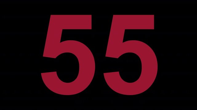 Animation numbers. Countdown timer for 60 to 0 seconds. Numbers change, increasing and decreasing. Samba color, shade of red. Background Alpha channel. Concept - counter time, waiting for an event.
