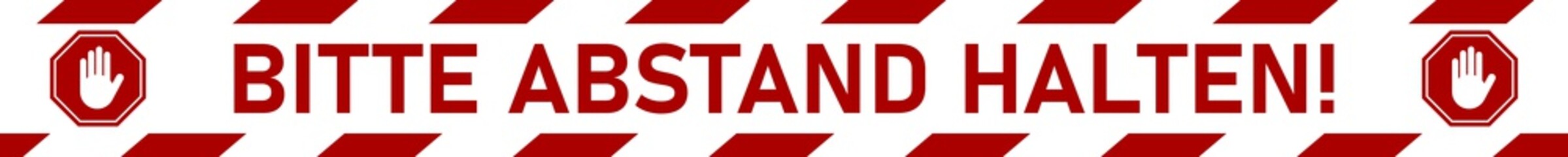 Bitte Abstand halten ("Please Keep Your Distance" in German) Wait Here Social Distancing Floor Marking Stripe Tape Icon for Queue Line with Text, Stop Sign and an Aspect Ratio of 10:1. Vector Image.