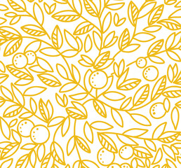 Foliage tree pattern background. Orange or tangerine the fruit leaves. Orange colour line contour. Sketch vector Illustration hand-drawn.