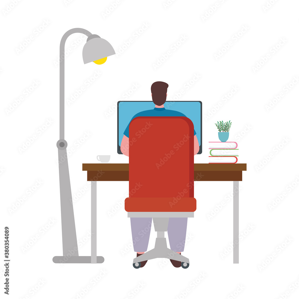Aufkleber man cartoon with computer working at desk design of work from home theme vector illustration