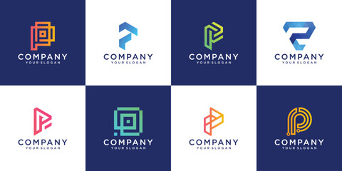 A collection colorful of letter p logo designs in abstract modern minimalist flat for business