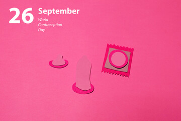 Three mock-ups of the condom state were cut out of colored paper. Pink monochrome photo of paper art was shot in flat lay style. Special handmade design for contraception day.