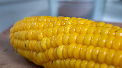 Delicious corn on the cob captured in an extreme close up. The brightly glowing yellow kernels form a recognizable pattern. The cob was lightly boiled and seasoned with salt.
