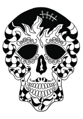 Mexican holiday Day of the Dead Celebration Festival and Halloween. Sugar skull  for poster, card, print, emblem, sign, tattoo, t-shirt. background. .  Black and white vector illustration 

