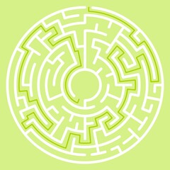 Circular maze with way from center to exit on turquoise blue background. Problem, confusion and solution concept. Flat design