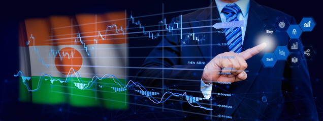 Businessman touching data analytics process system with KPI financial charts, dashboard of stock and marketing on virtual interface. With Niger flag in background.