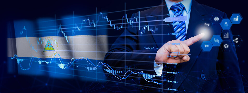 Businessman touching data analytics process system with KPI financial charts, dashboard of stock and marketing on virtual interface. With Nicaragua flag in background. - Powered by Adobe