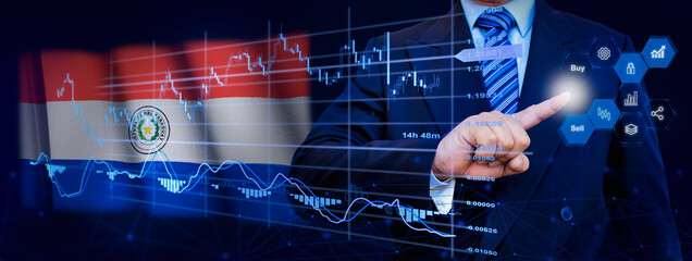 Businessman touching data analytics process system with KPI financial charts, dashboard of stock and marketing on virtual interface. With Paraguay flag in background.