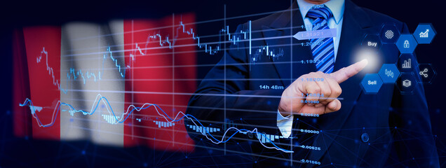 Businessman touching data analytics process system with KPI financial charts, dashboard of stock and marketing on virtual interface. With Peru flag in background.