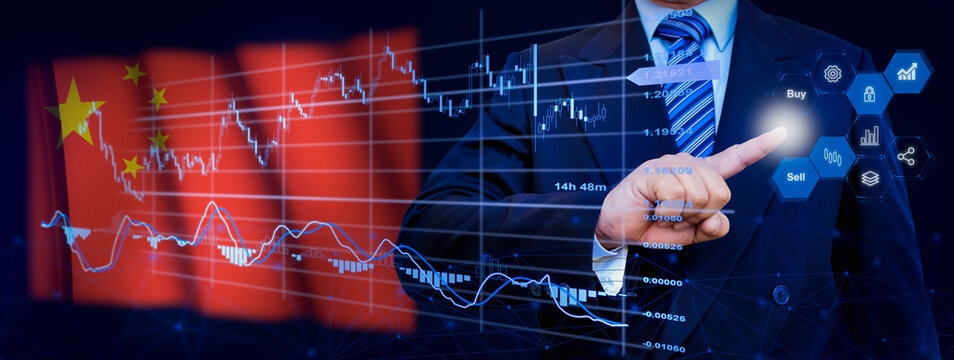 Businessman touching data analytics process system with KPI financial charts, dashboard of stock and marketing on virtual interface. With Peoples Republic of China flag in background. - Powered by Adobe