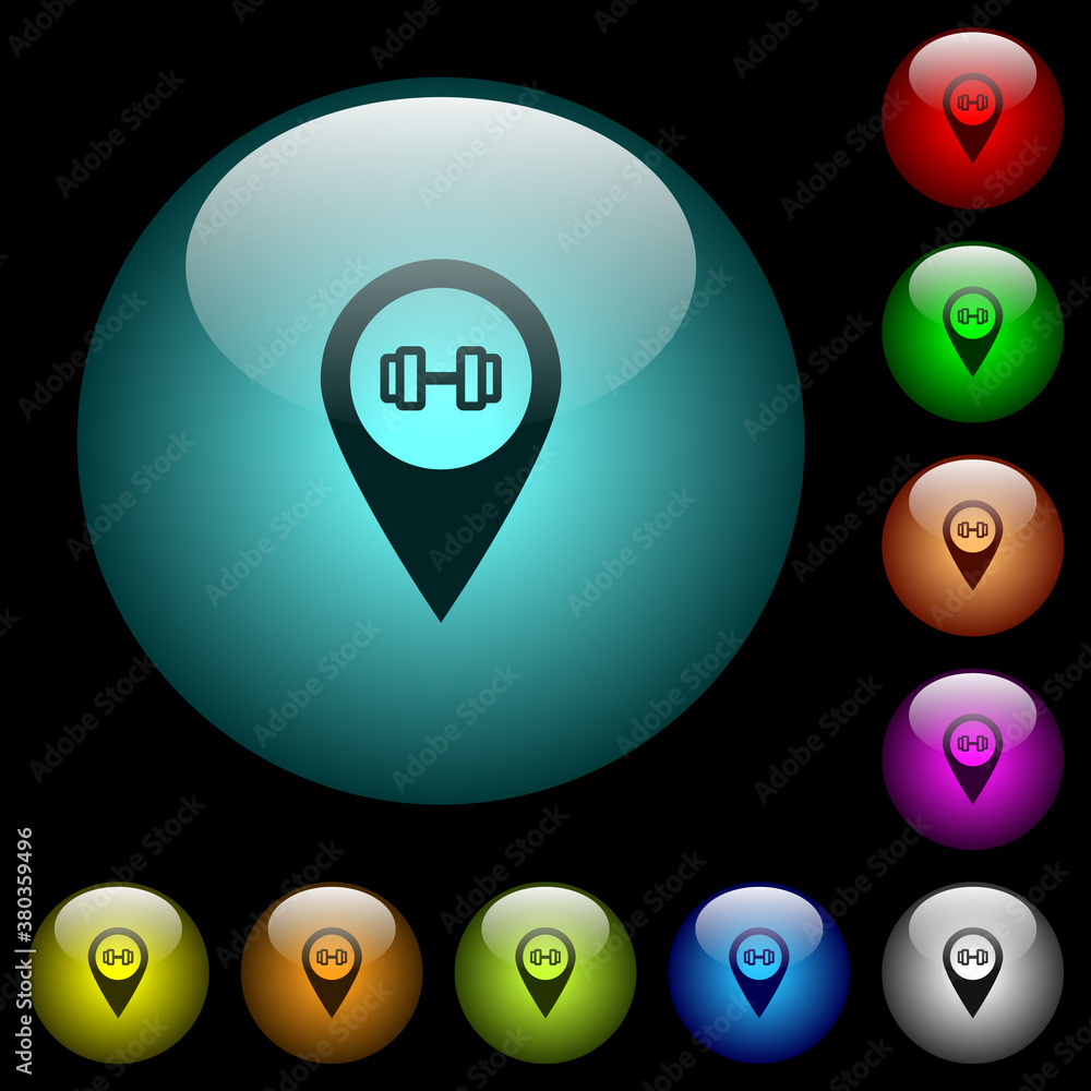 Poster gym gps map location icons in color illuminated glass buttons