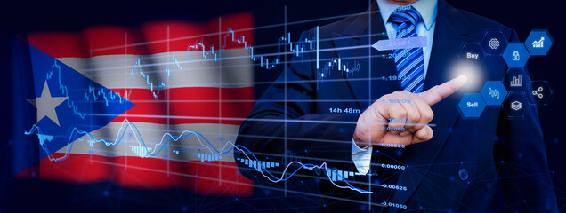 Businessman touching data analytics process system with KPI financial charts, dashboard of stock and marketing on virtual interface. With Puerto Rico flag in background.
