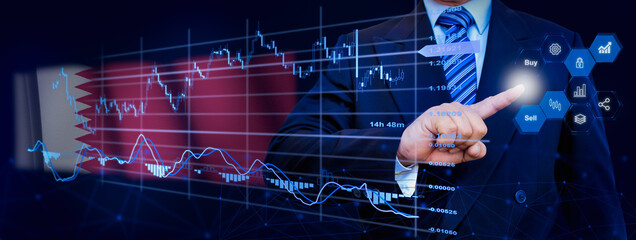 Businessman touching data analytics process system with KPI financial charts, dashboard of stock and marketing on virtual interface. With Qatar flag in background.