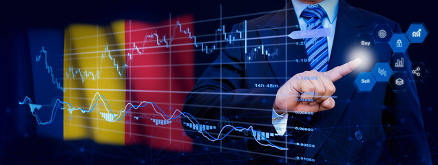 Businessman touching data analytics process system with KPI financial charts, dashboard of stock and marketing on virtual interface. With Romania flag in background.