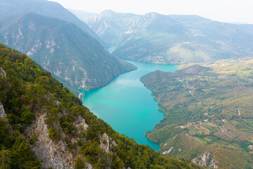 Fototapeta na wymiar Tara National Park, Serbia. Viewpoint Banjska Stena. View at Drina river canyon and lake Perucac
