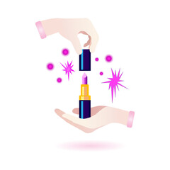 Hands open a tube of lipstick from under the lid of which sparks of fireworks escape. The concept of a commercial offer and an invitation to a sale.