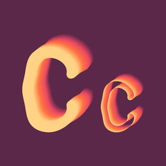 Yellow, orange, pink gradient capital and lowercase letters C on a purple background. Glowing sunset colors used in an alphabet set, custom font symbol typographic element