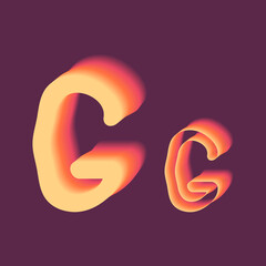 Yellow, orange, pink gradient capital and lowercase letters G on a purple background. Glowing sunset colors used in an alphabet set, custom font symbol typographic element