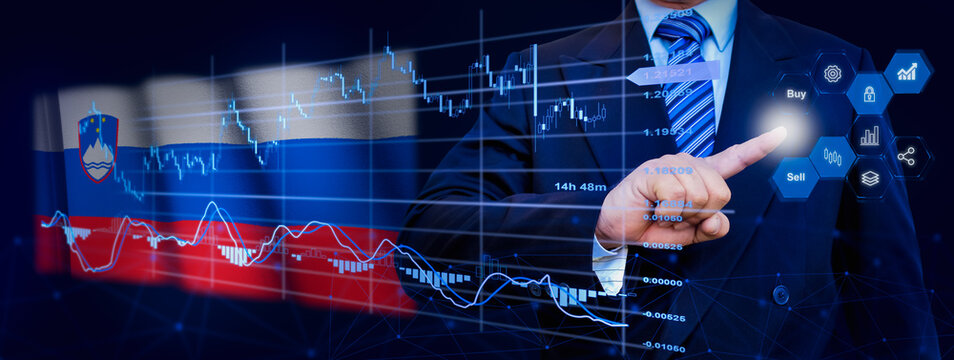 Businessman touching data analytics process system with KPI financial charts, dashboard of stock and marketing on virtual interface. With Slovenia flag in background.