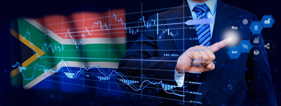 Businessman touching data analytics process system with KPI financial charts, dashboard of stock and marketing on virtual interface. With South Africa flag in background.