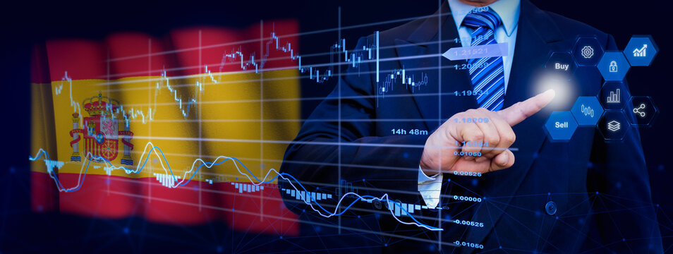 Businessman touching data analytics process system with KPI financial charts, dashboard of stock and marketing on virtual interface. With Spain flag in background. - Powered by Adobe