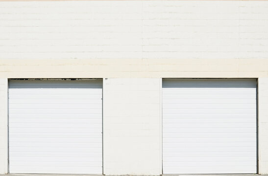 Close-up shot of closed roller doors of warehouse