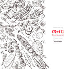 Grilled vegetables poster. Vector illustration. Engraved design. Hand drawn illustration. Grill restaurant menu design template.