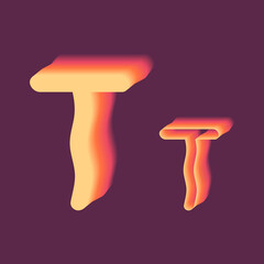 Yellow, orange, pink gradient capital and lowercase letters T on a purple background. Glowing sunset colors used in an alphabet set, custom font symbol typographic element