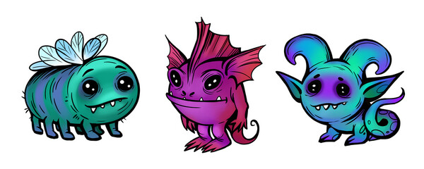 Collections of funny  monsters. Tiny unique monster characters. Funny mascots