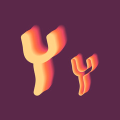 Yellow, orange, pink gradient capital and lowercase letters Y on a purple background. Glowing sunset colors used in an alphabet set, custom font symbol typographic element