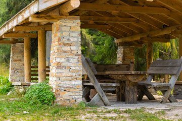 Outdoor relaxing place, wooden furniture for rest time