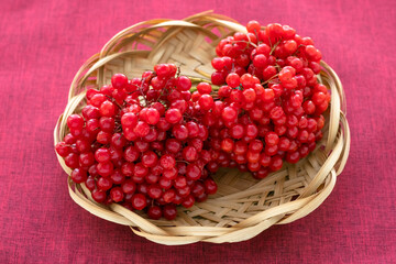 Viburnum fruits in a wicker straw plate on a red tablecloth on the table. Fresh berries. Vegetarian food concept.