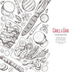 Grilled meat and vegetables poster. Vector illustration. Engraved design. Hand drawn illustration. Grill restaurant menu design template.