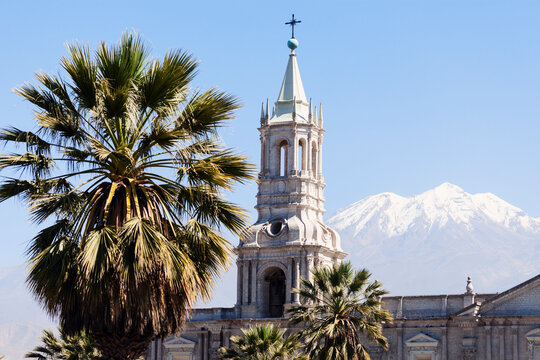Basilica Cathedral of Arequipa and El Misti Volcano