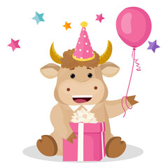 Fototapeta premium Happy birthday. Bull. Surprise. Vector illustration. 