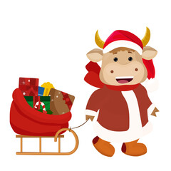 Bull with gifts for children. Symbol of 2021 year. Vector illustration. 
