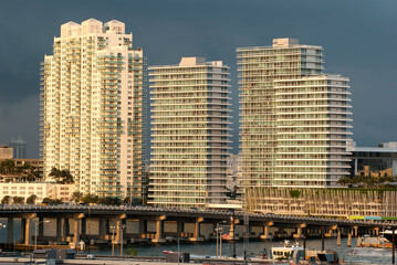 Fototapeta na wymiar Miami Beach Sunset Colored Skyscrapers