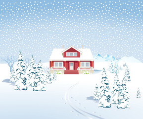Winterlandschaft mit Landhaus, – Vektor Illustration 