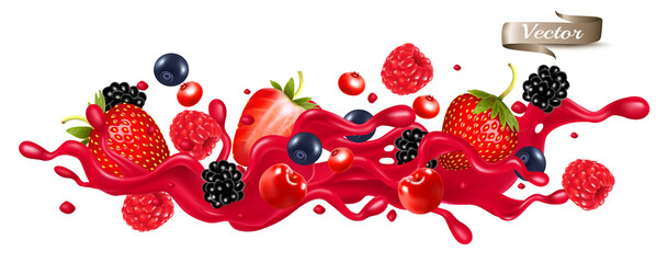 Red berry juice splash wave. Whole and sliced strawberry, raspberry, cherry, blueberry and blackberry in a sweet syrup wave with splashes and drops isolated on transparent background. 3D. Vector. © ecco