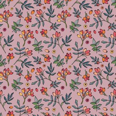 Seamless pattern with rose hips. Twigs with berries and leaves. Design for fabric, textile, wrapping paper.