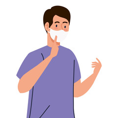 man cartoon with mask and purple tshirt design of medical care and covid 19 virus theme Vector illustration
