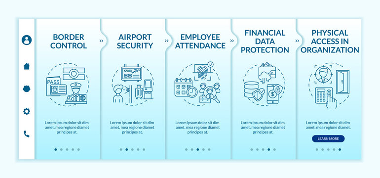 Biometrics use onboarding vector template. Border control. Data protection. Airport security. Responsive mobile website with icons. Webpage walkthrough step screens. RGB color concept