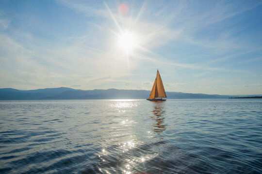 Flathead Lake, Tranquil scene with sailboat