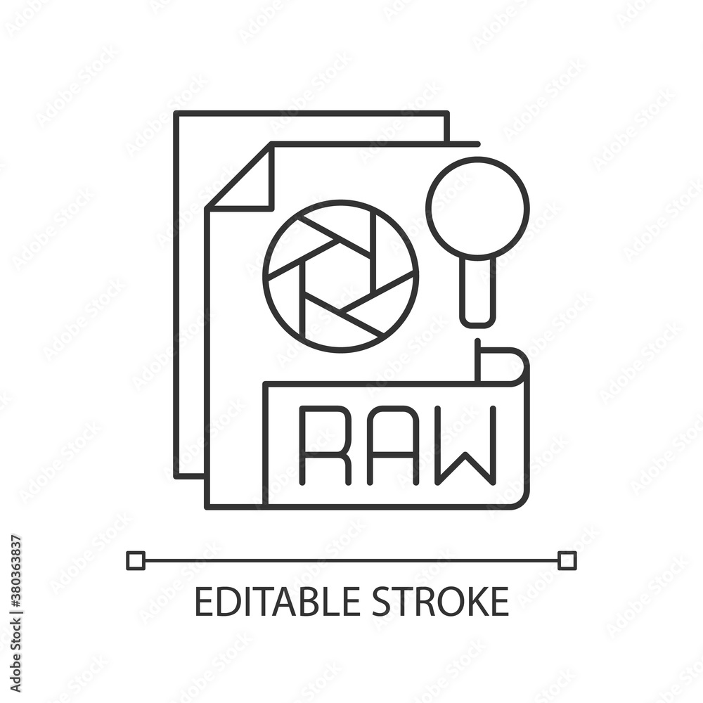 Poster raw file pixel perfect linear icon. camera raw image file. file extension. unedited state. thin line