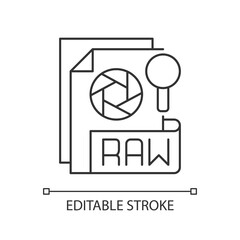 RAW file pixel perfect linear icon. Camera raw image file. File extension. Unedited state. Thin line customizable illustration. Contour symbol. Vector isolated outline drawing. Editable stroke