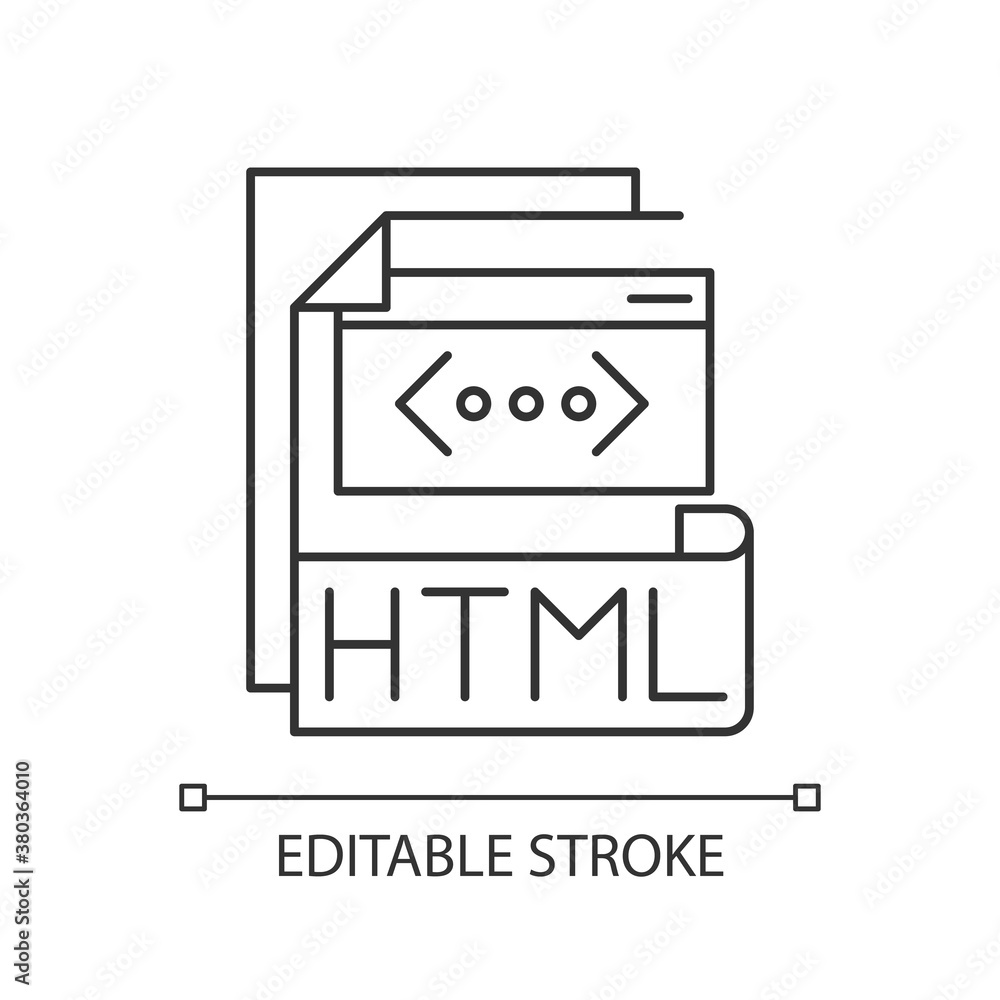 Poster html file pixel perfect linear icon. hyper text markup language. htm file extension. thin line custo