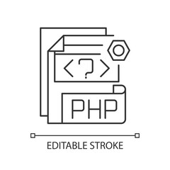 PHP file pixel perfect linear icon. Source code file. Hypertext Preprocessor code. Webpage files. Thin line customizable illustration. Contour symbol. Vector isolated outline drawing. Editable stroke