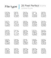 File extensions pixel perfect linear icons set. Different types. Storing and transport data. Customizable thin line contour symbols. Isolated vector outline illustrations. Editable stroke