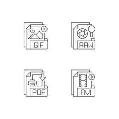 File types pixel perfect linear icons set. GIF. RAW. PDF. AVI. Video, raster image, page layout files. Customizable thin line contour symbols. Isolated vector outline illustrations. Editable stroke